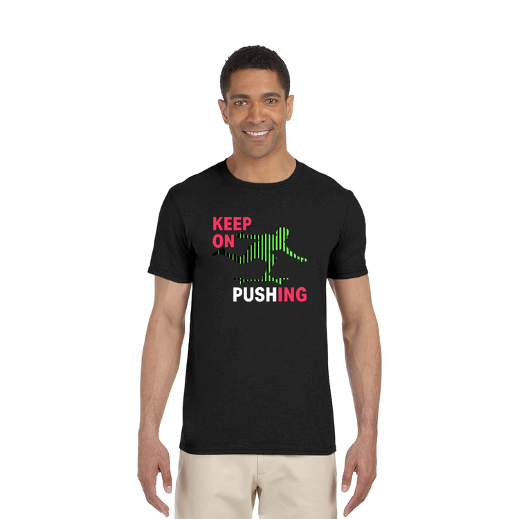 Model wearing a black Longboard Living Keep on Pushing graphic T-shirt