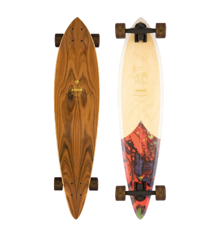 Two longboards, one with a wooden finish and the other with a colorful design, on a white background.