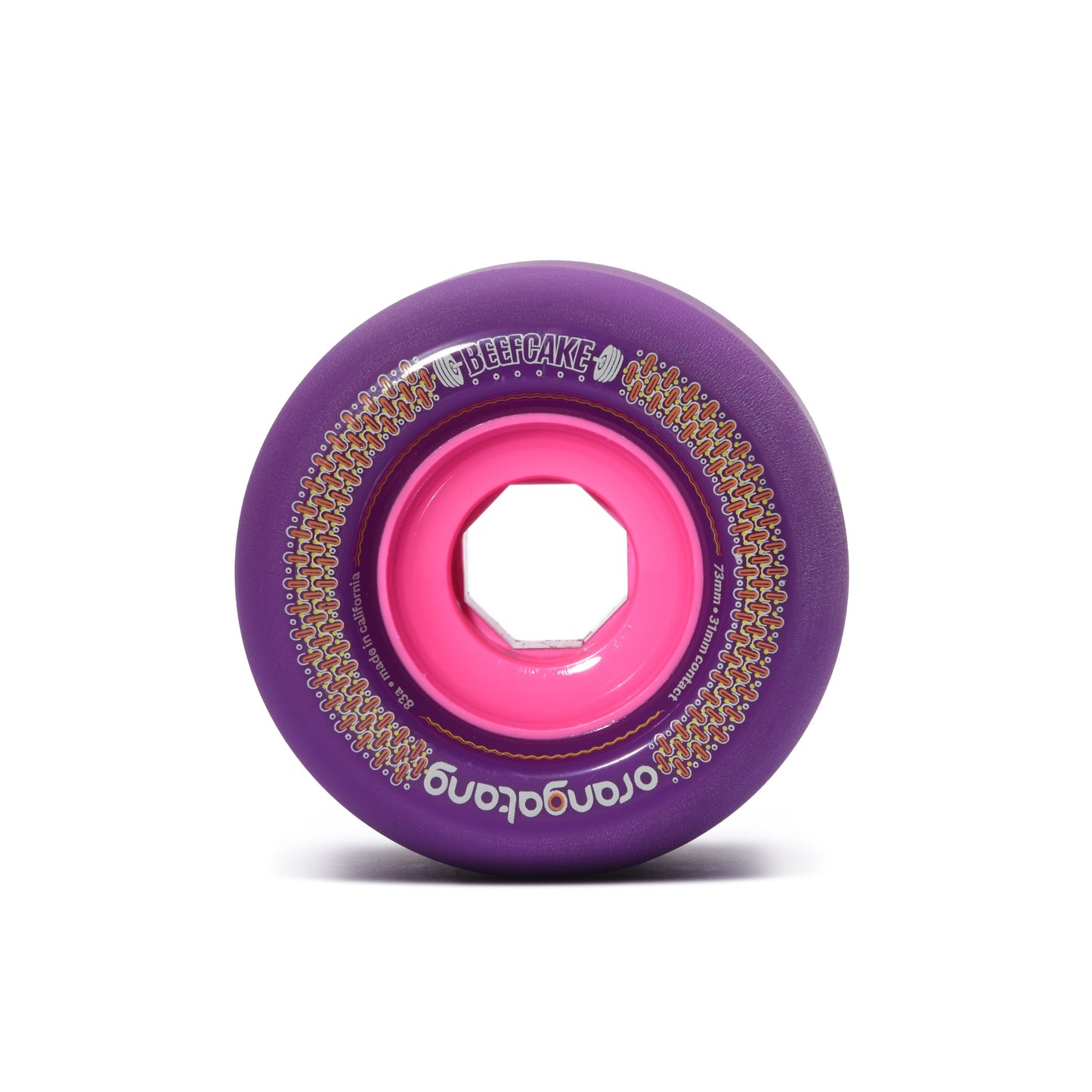 Orangatang Beefcake 73mm 83a Purple longboard wheel front view