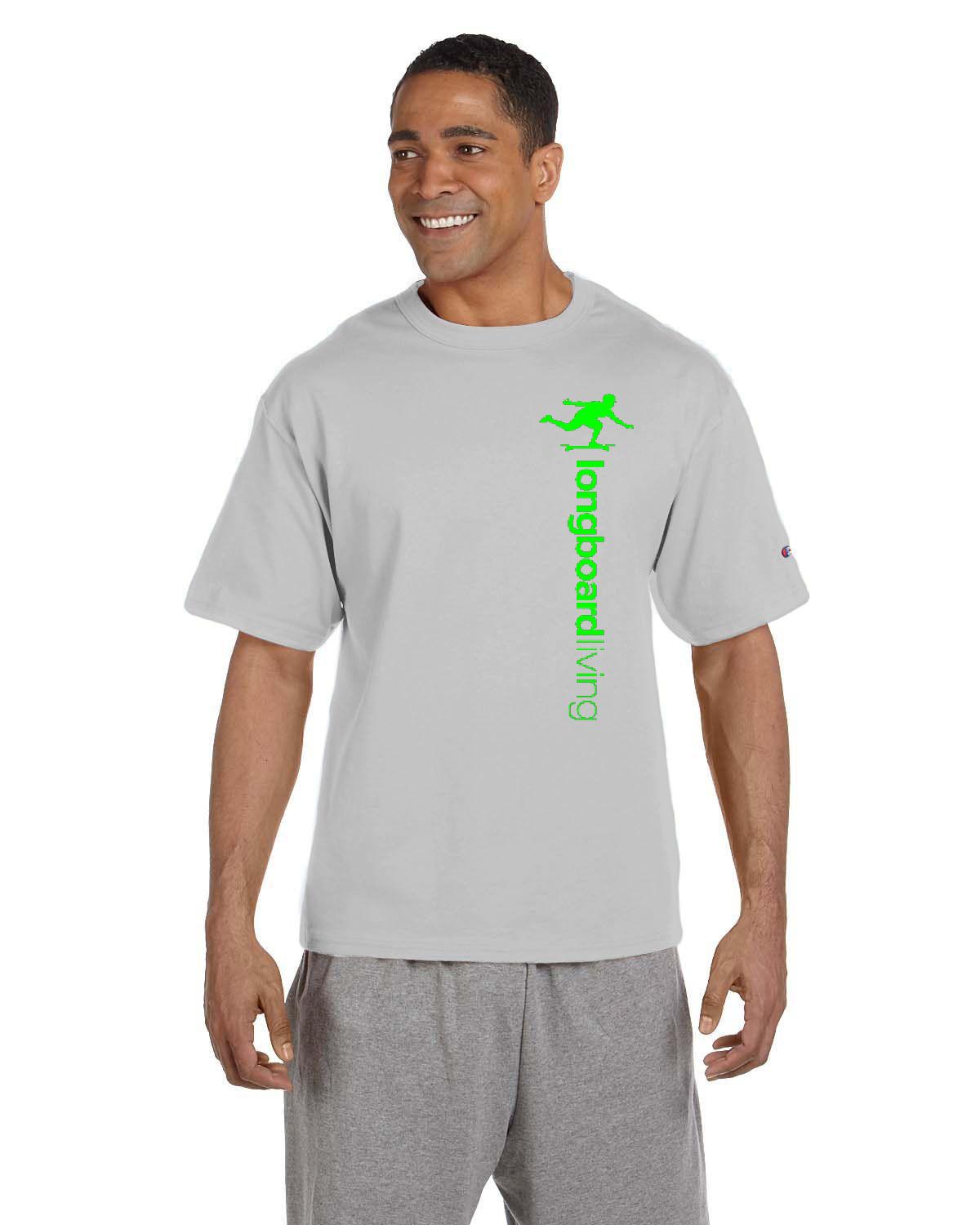 Longboard Living Vertical Logo Shirt - Green Print on CHAMPION