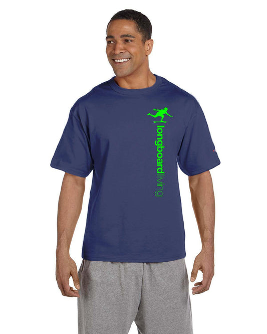 Longboard Living Vertical Logo Shirt - Green Print on CHAMPION