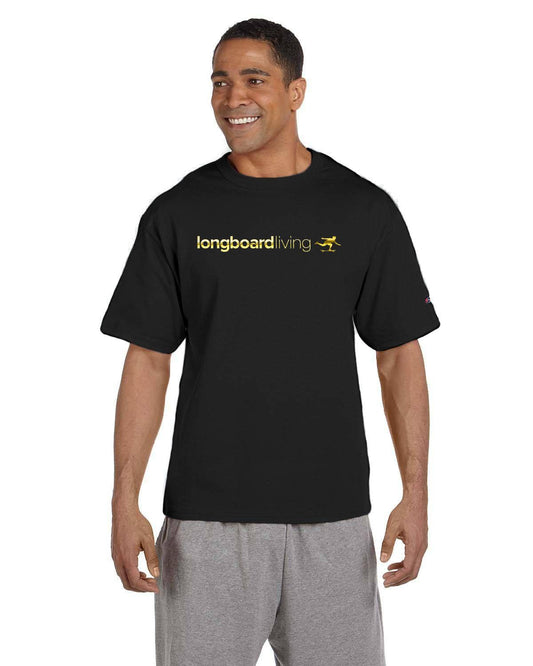 Longboard Living Gold Text Print on Black Shirt